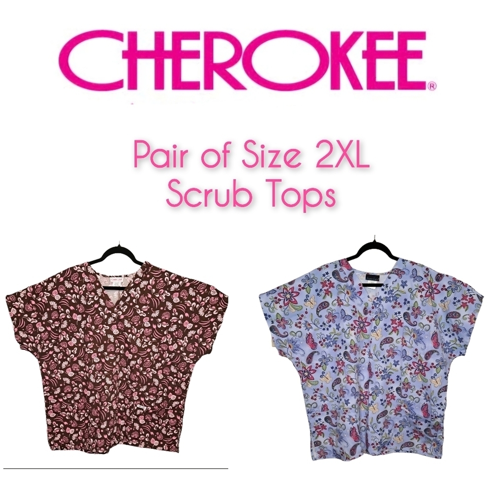 Pair of Womens Short-Sleeved Printed Scrub Tops • 2XL • Pockets • Cherokee • EUC